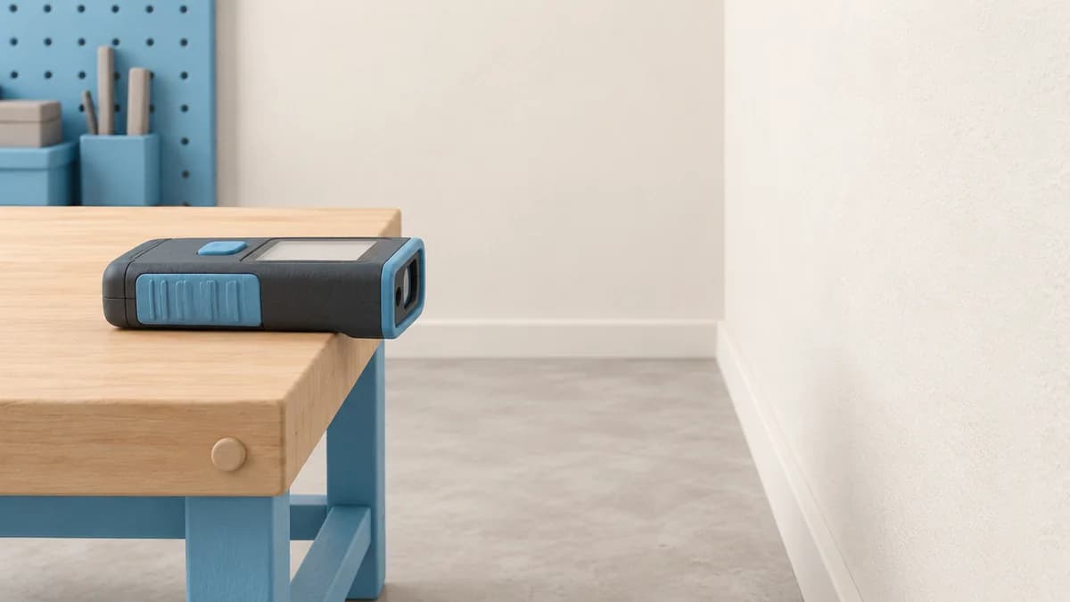 A distance meter rests at a workbench edge facing an empty wall.