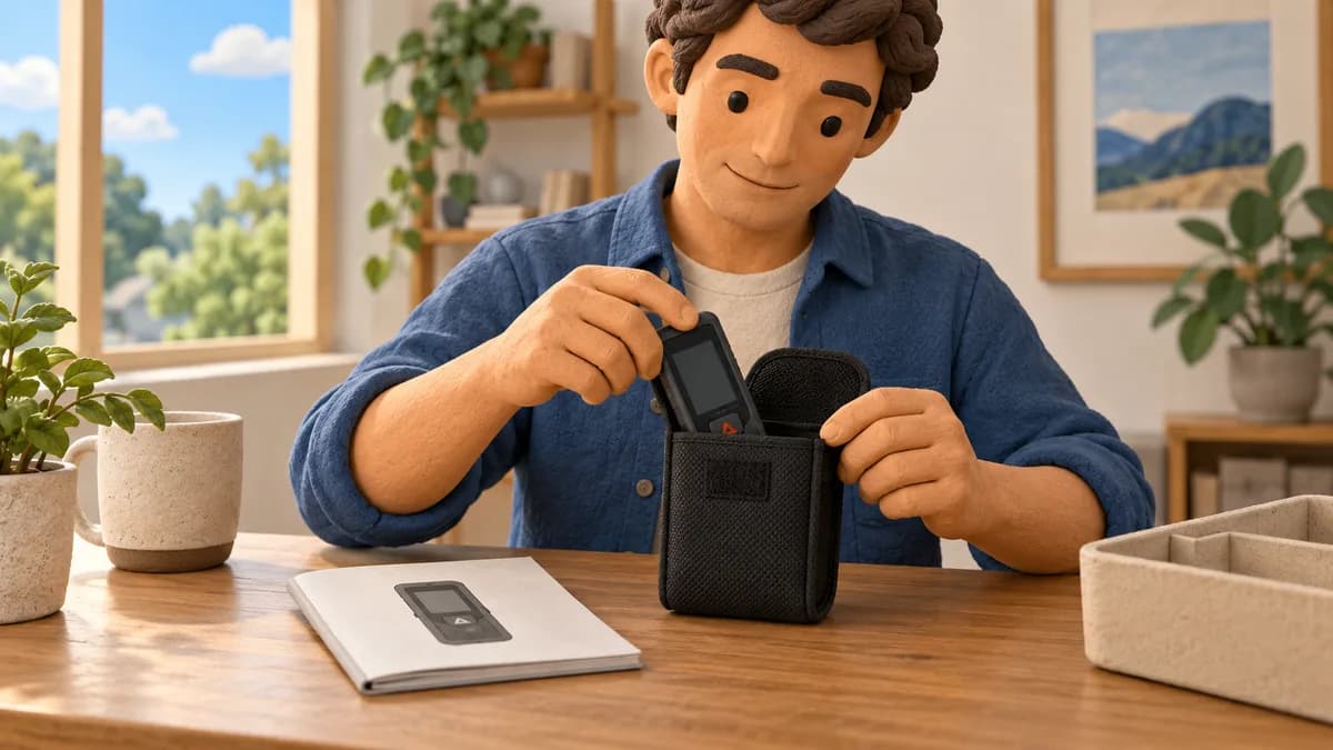 Illustration: person storing a switched-off laser measure beside its instruction booklet