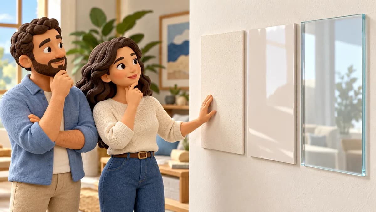 Illustration: two people comparing opaque, glossy and transparent wall-mounted samples