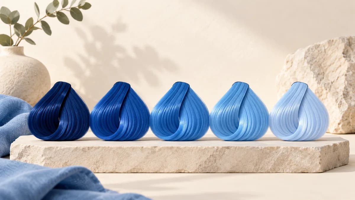 Illustration of five progressively paler blue hair swatches