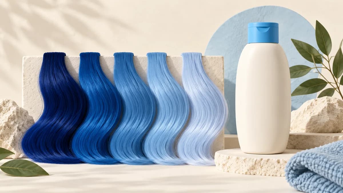 Illustration of hair swatches progressing from deep to pale blue