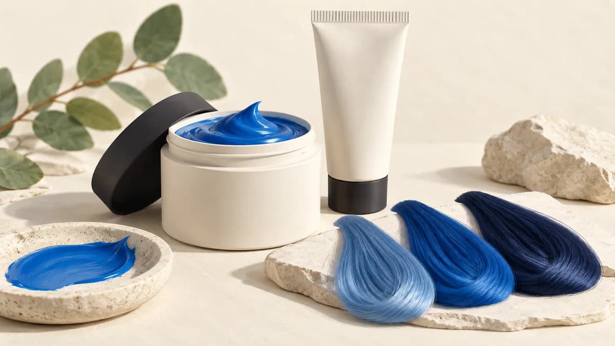 Illustration of blue dye jar and tube beside blue hair swatches