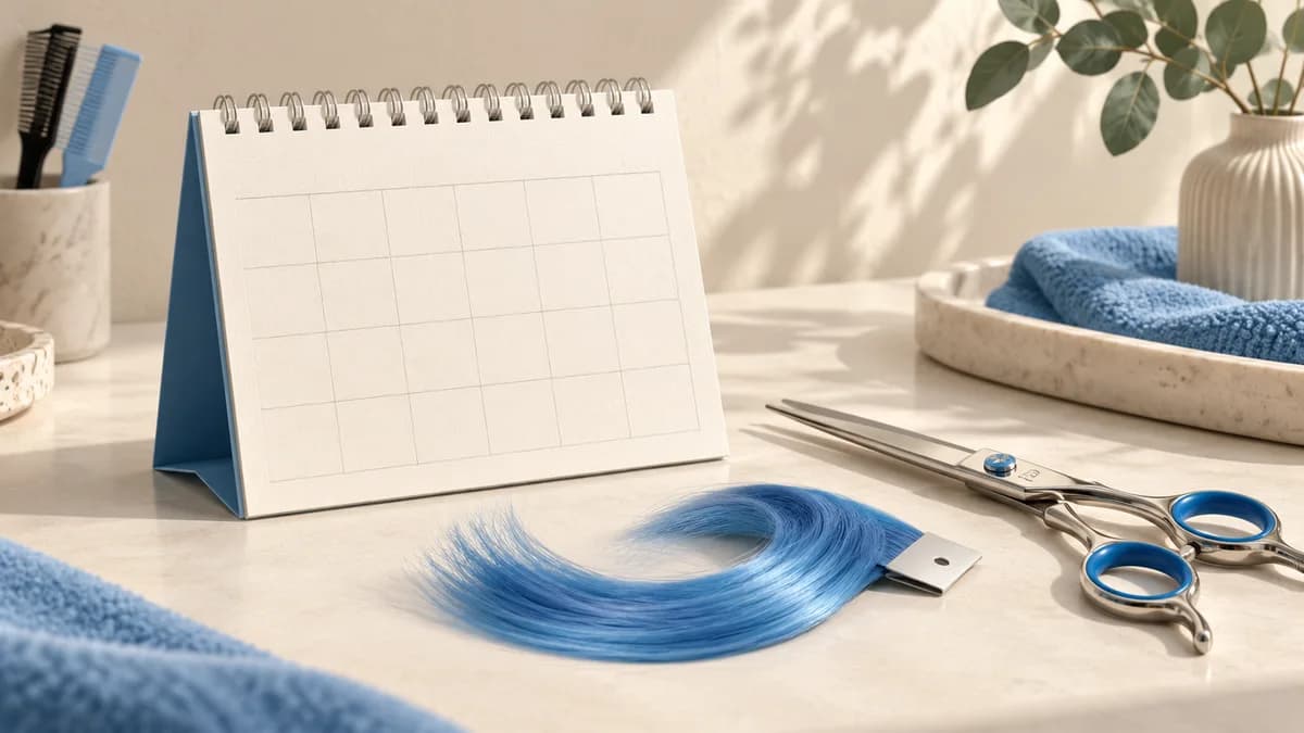 Illustration of blank calendar, blue hair swatch and salon tools