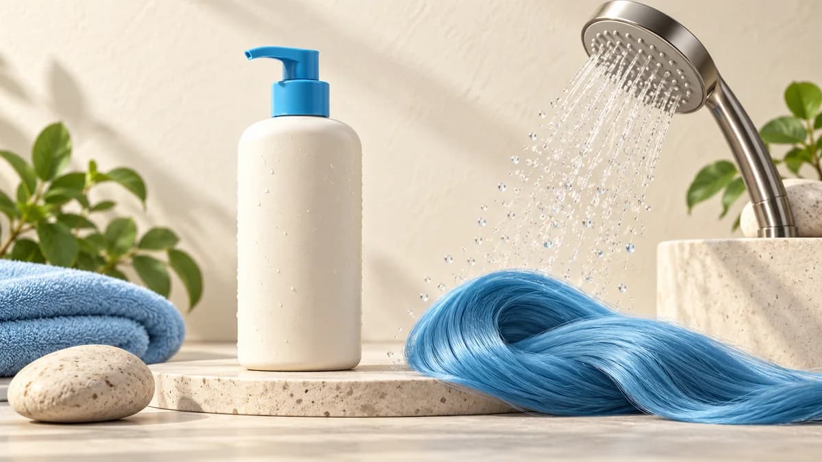 Illustration of shampoo and showerhead beside a blue hair swatch