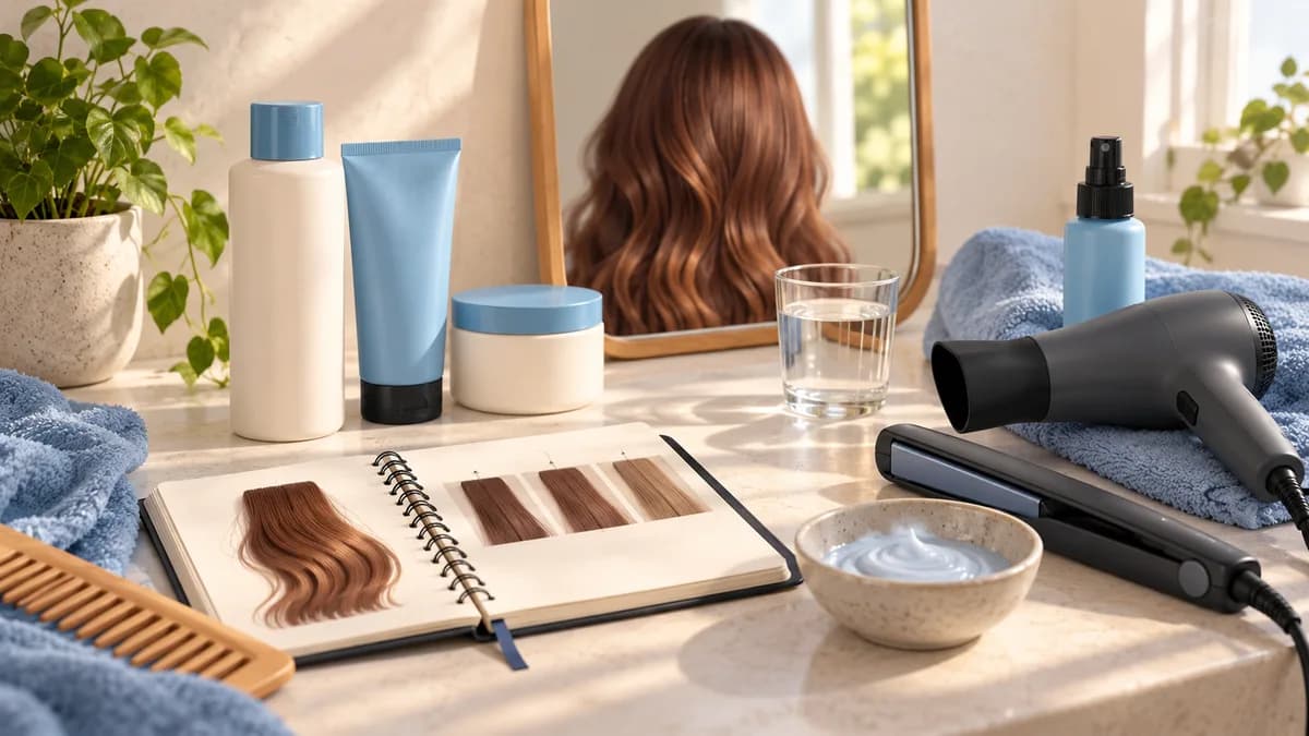 Illustration: Hair-care bottles, a towel, a dryer and a styling tool.