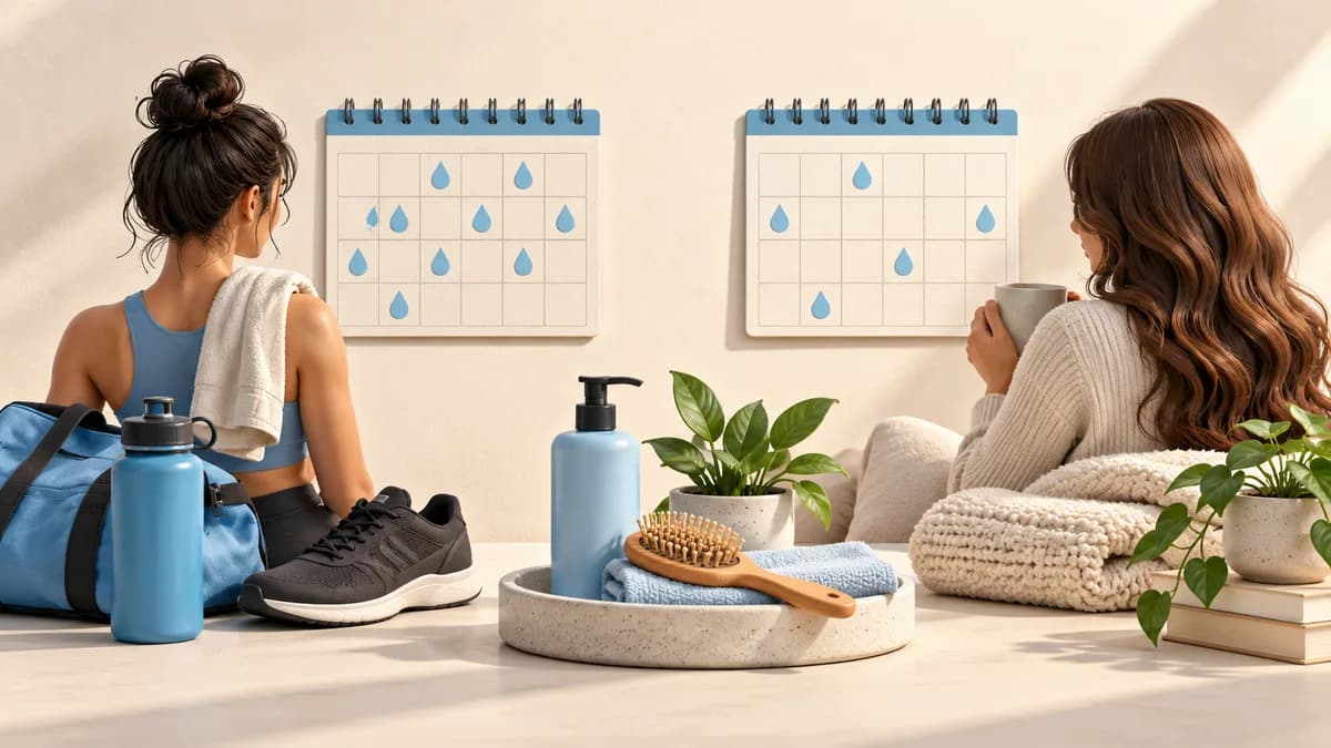Illustration: Two different hair-care routines beside illustrated wash calendars.