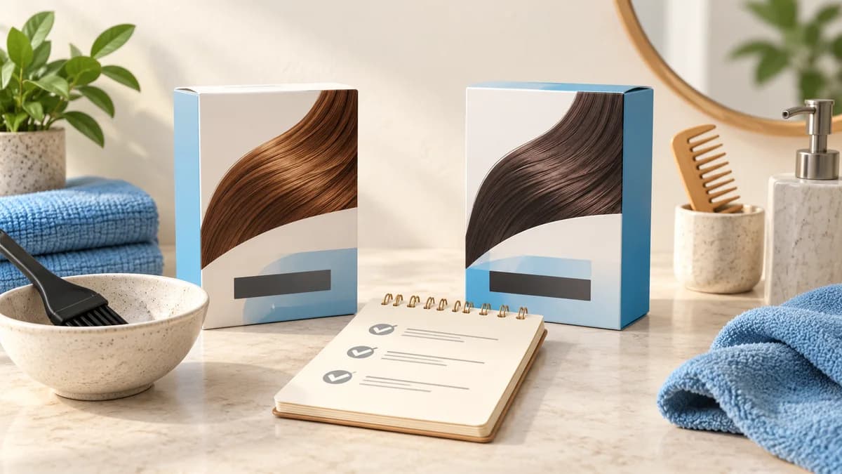 Illustration: Two color packages and hair samples beside a checklist.