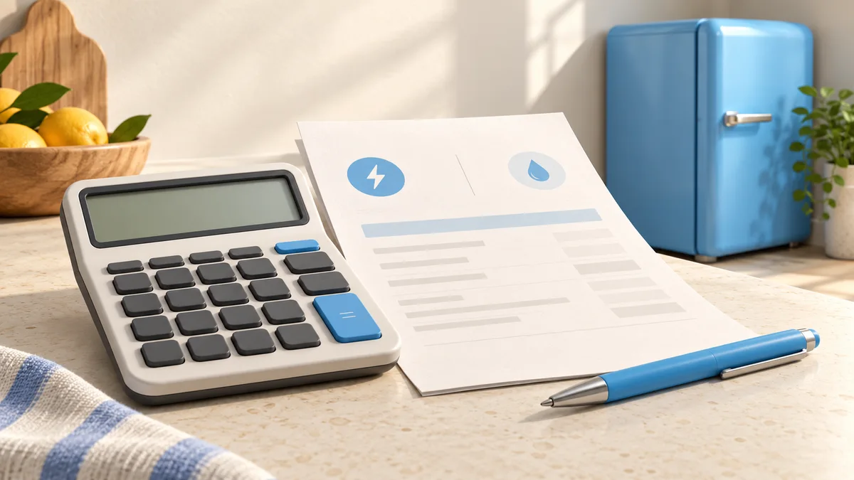 Illustration of calculator and electricity bill beside a mini fridge