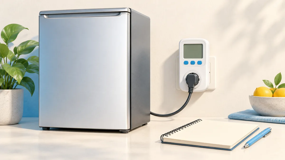Illustration of mini fridge beside a plug-in electricity meter and notebook