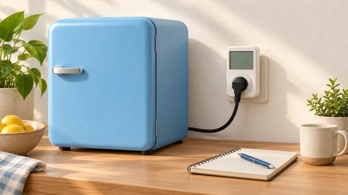 Illustration of mini fridge with an electricity meter and notebook