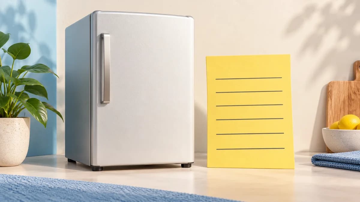 Illustration of mini fridge beside a blank yellow energy-information card