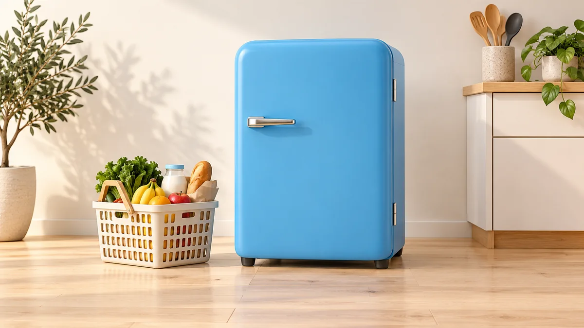 Illustration of closed mini fridge on a bare hard floor beside groceries