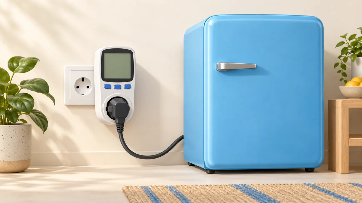 Illustration of plug-in electricity meter connected to a mini fridge