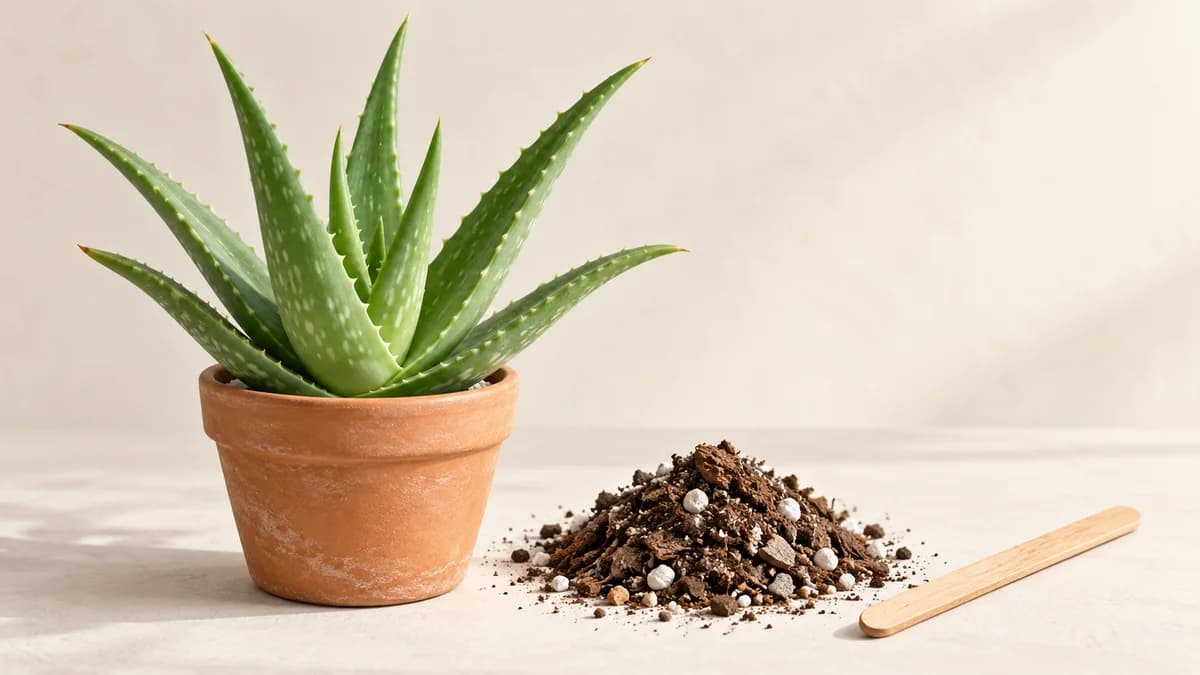 Illustration: A potted aloe beside a mound of gritty potting mix and a wooden stick.