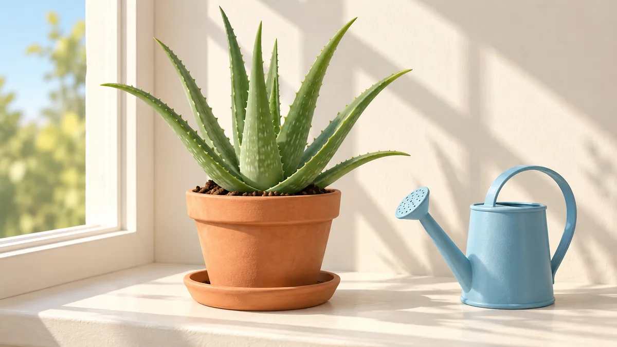 Illustration: An aloe in a terracotta pot on a sunny windowsill beside a blue watering can.