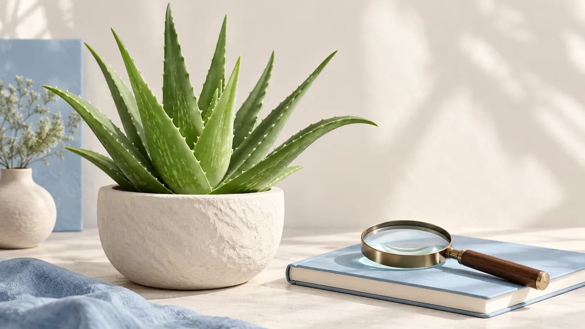Illustration: An aloe beside a notebook and magnifying glass on a blue cloth.