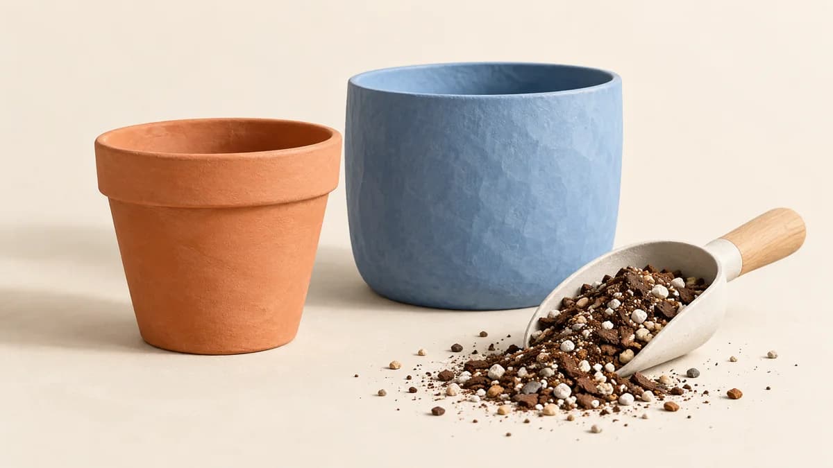 Illustration: An empty terracotta pot and blue cover pot beside a scoop of gritty potting mix.