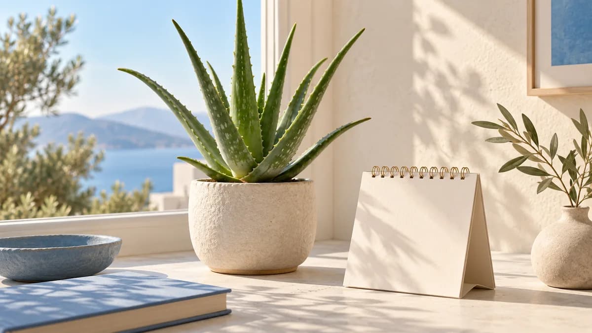 Illustration: A potted aloe beside a bright window and a blank calendar.