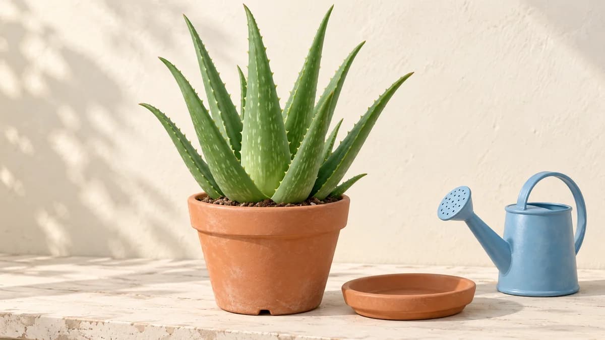 Illustration: An aloe in a terracotta pot beside an empty saucer and small blue watering can.
