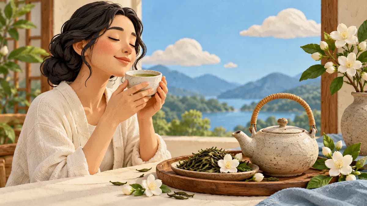 A person enjoys a cup of tea beside a teapot, loose leaves and jasmine flowers.
