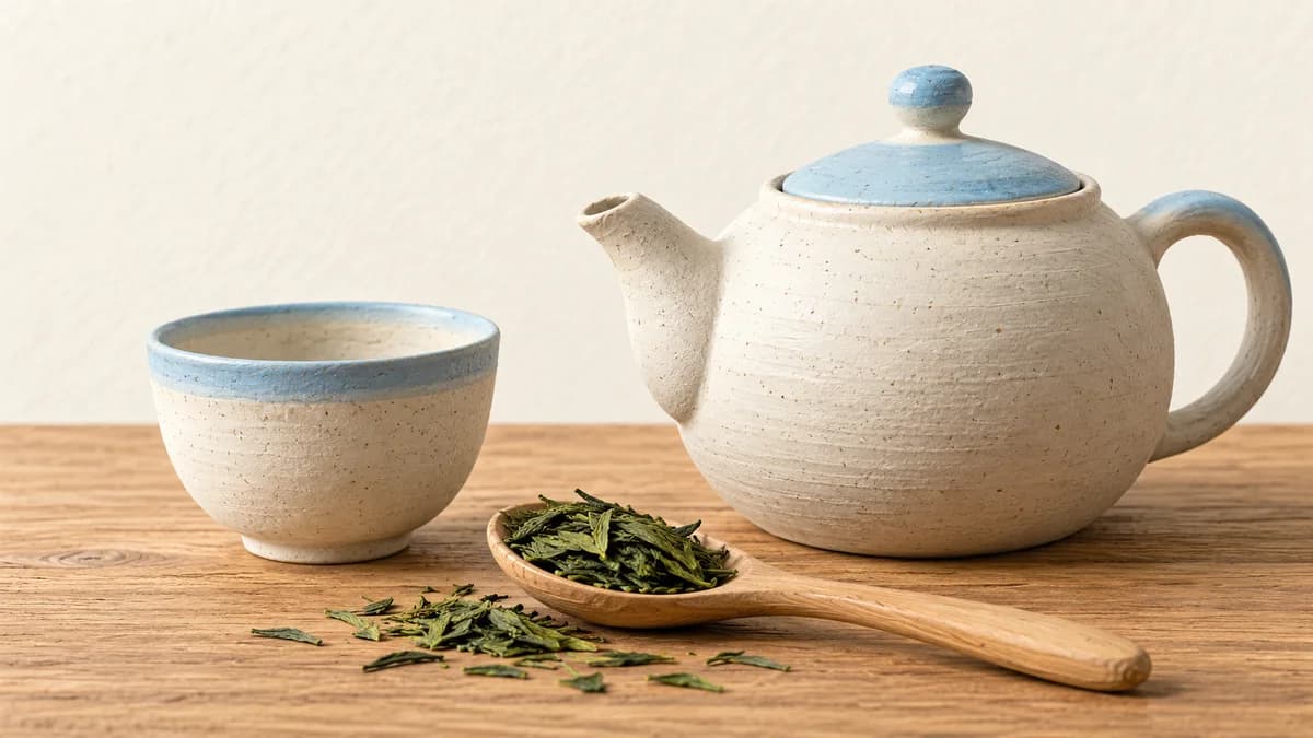 Loose tea leaves in a spoon beside a teapot and empty cup.