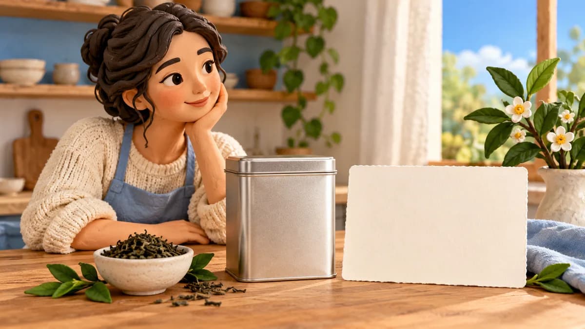 A person considers tea leaves, a closed tin and a blank package-information card.