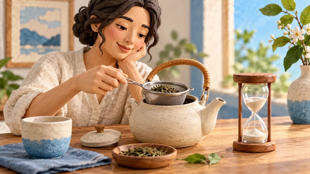 A person lifts an infuser from a teapot beside an hourglass and cup.