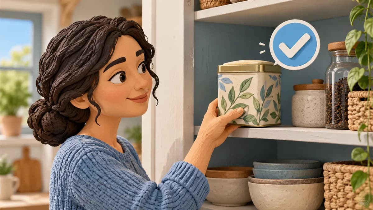 A person places a closed tea container on a kitchen cupboard shelf.