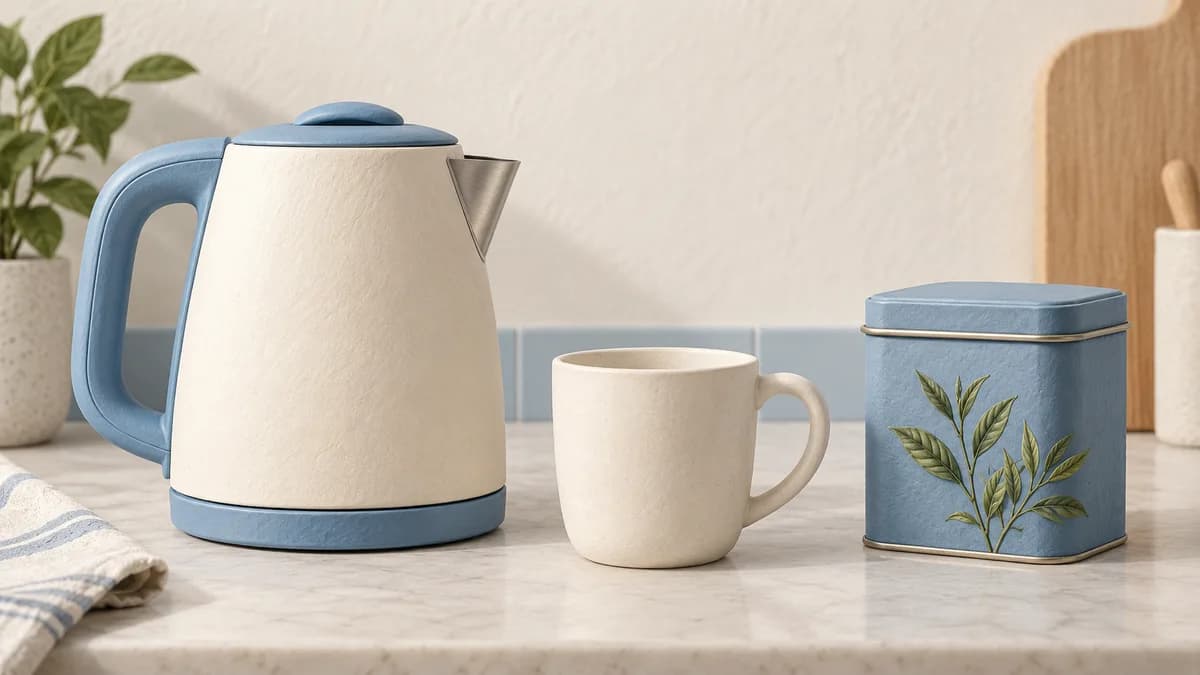 An electric kettle, cup and closed tea tin on a kitchen counter.