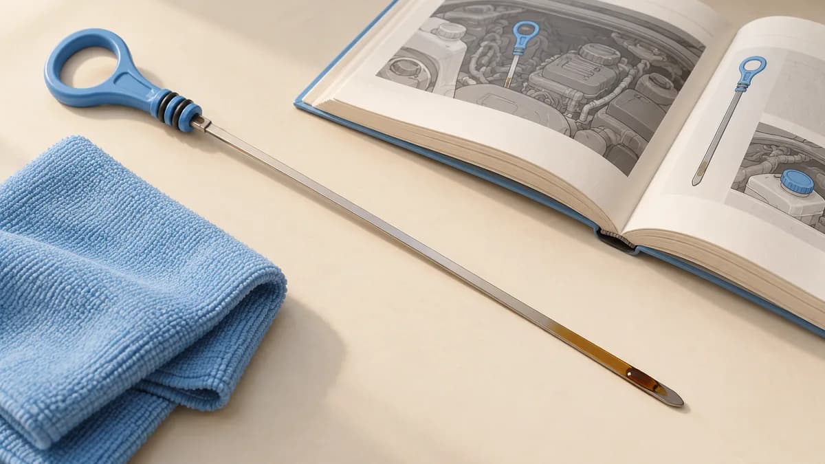 A dipstick beside a folded blue cloth and an open vehicle handbook.