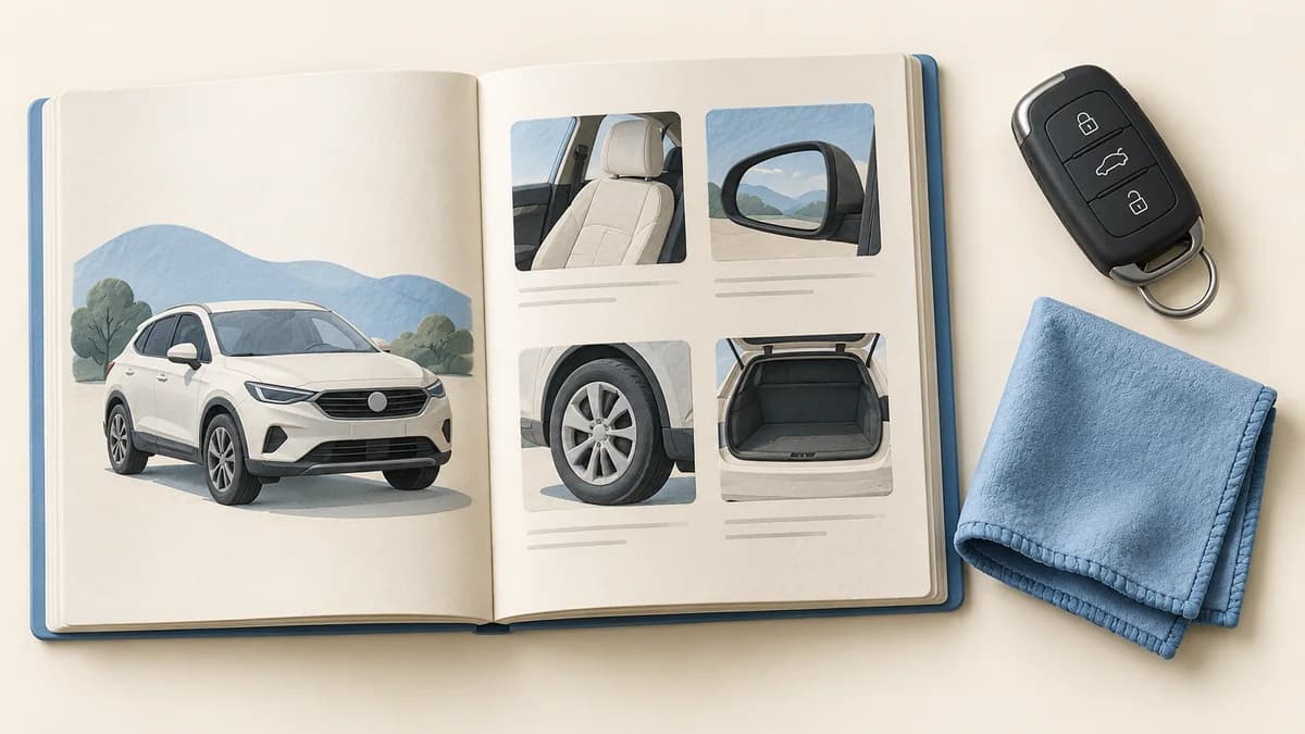 A vehicle handbook beside a car key and folded microfiber cloth.
