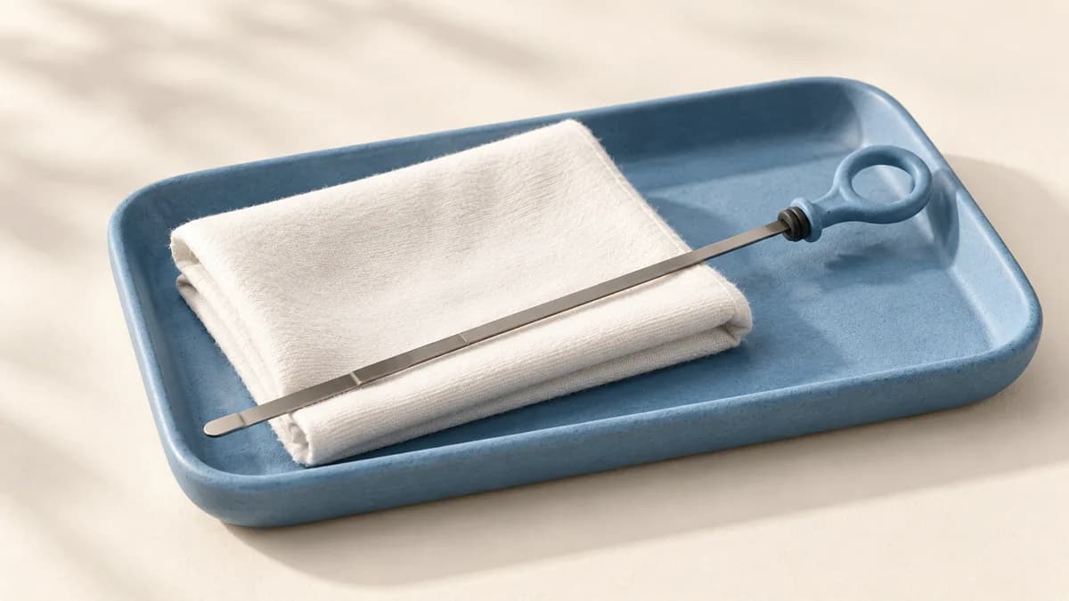 A dipstick and folded white cloth on a blue tray.