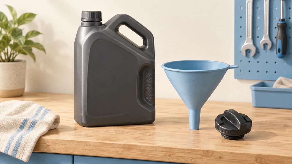 A sealed motor-oil jug, blue funnel and filler cap on a workbench.