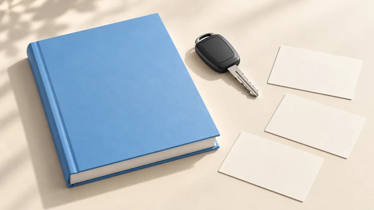 A blue vehicle handbook, car key and three blank cards on an ivory surface.