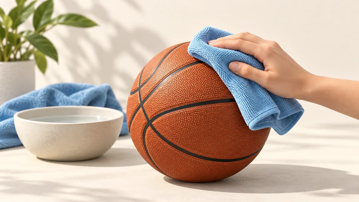 Illustration of hand wiping a basketball with a damp cloth