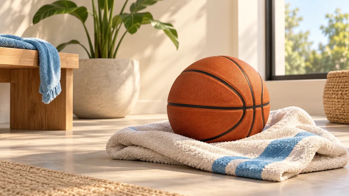 Illustration of basketball resting on a towel indoors