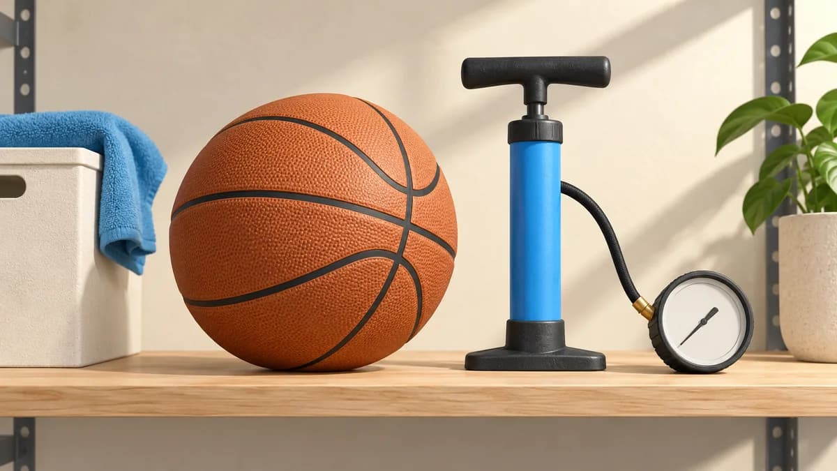 Illustration of stored basketball beside a hand pump and gauge