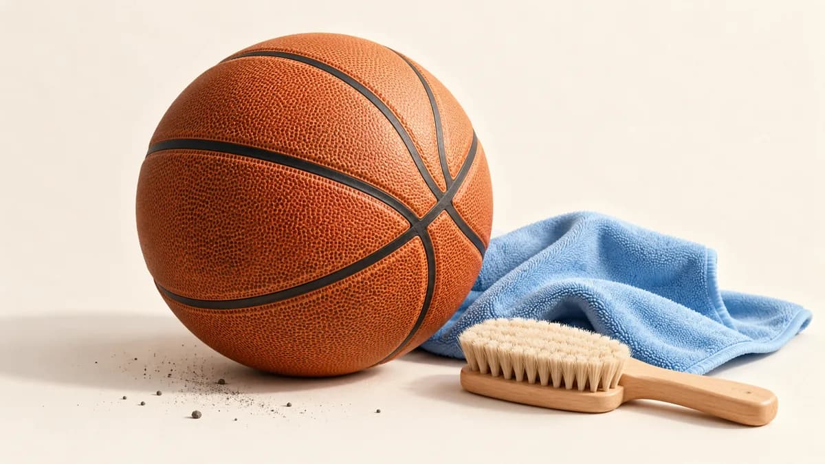 Illustration of basketball beside a soft brush and dry cloth