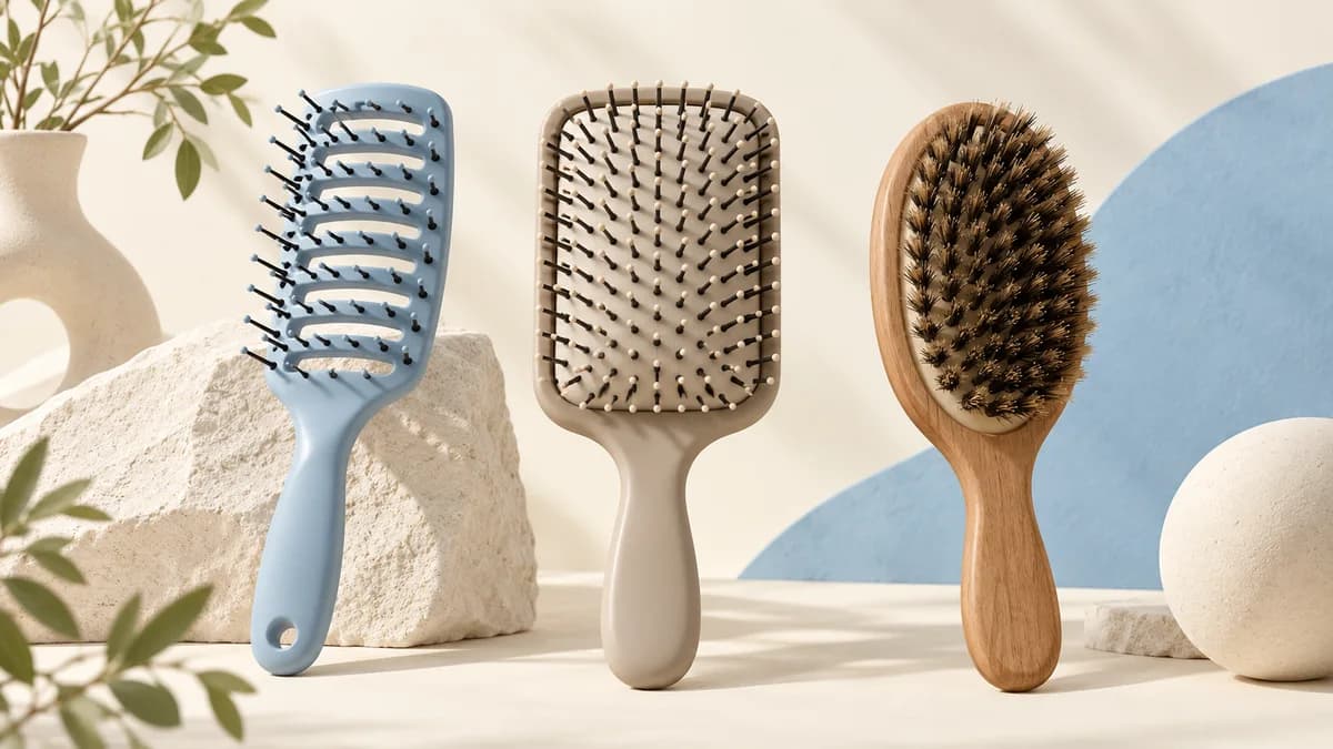 Illustration: Vented, cushioned and natural-bristle hairbrushes displayed side by side.