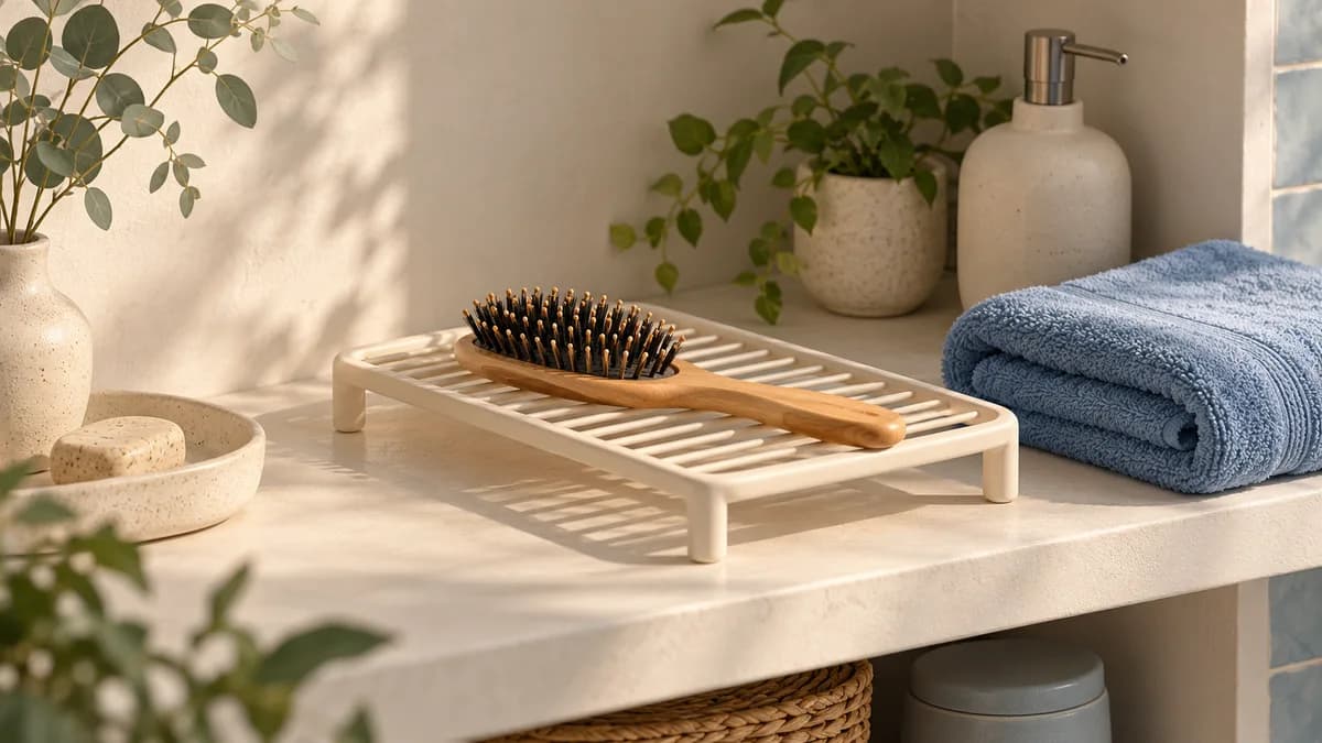 Illustration: Hairbrush resting on a slatted rack beside a folded towel.
