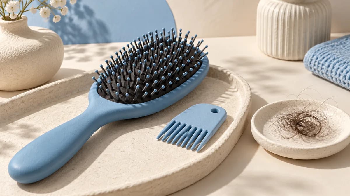 Illustration: Hairbrush and cleaning comb beside a small bundle of removed hair.