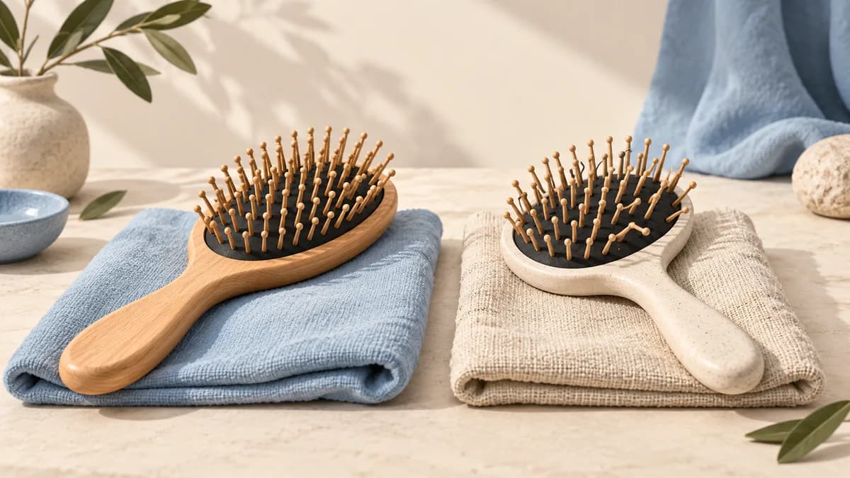 Illustration: Two hairbrushes on folded towels, with bent teeth visible on one brush.