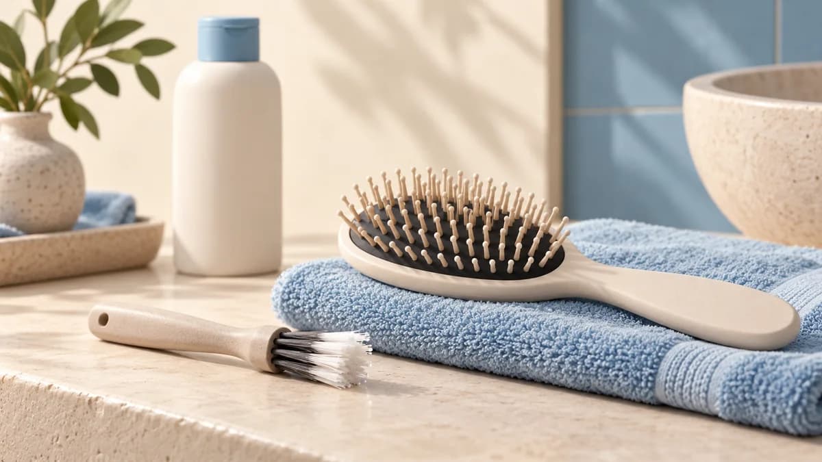 Illustration: Hairbrush on a towel beside a small cleaning brush and plain bottle.