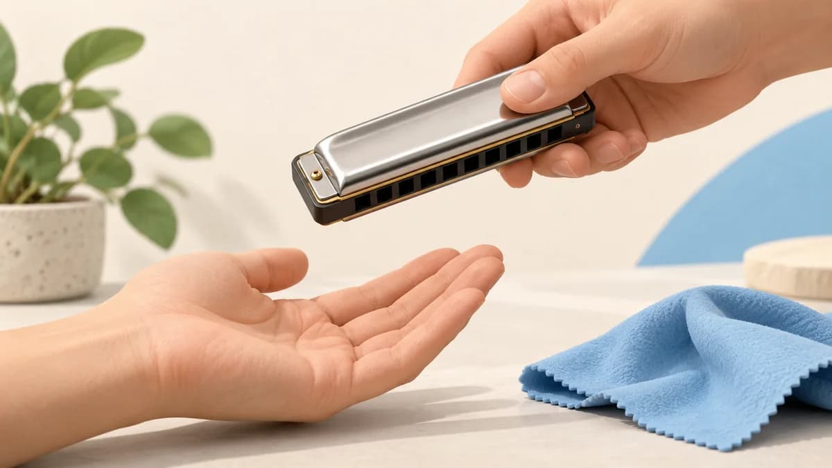 Illustration of harmonica held above an open palm beside a cloth