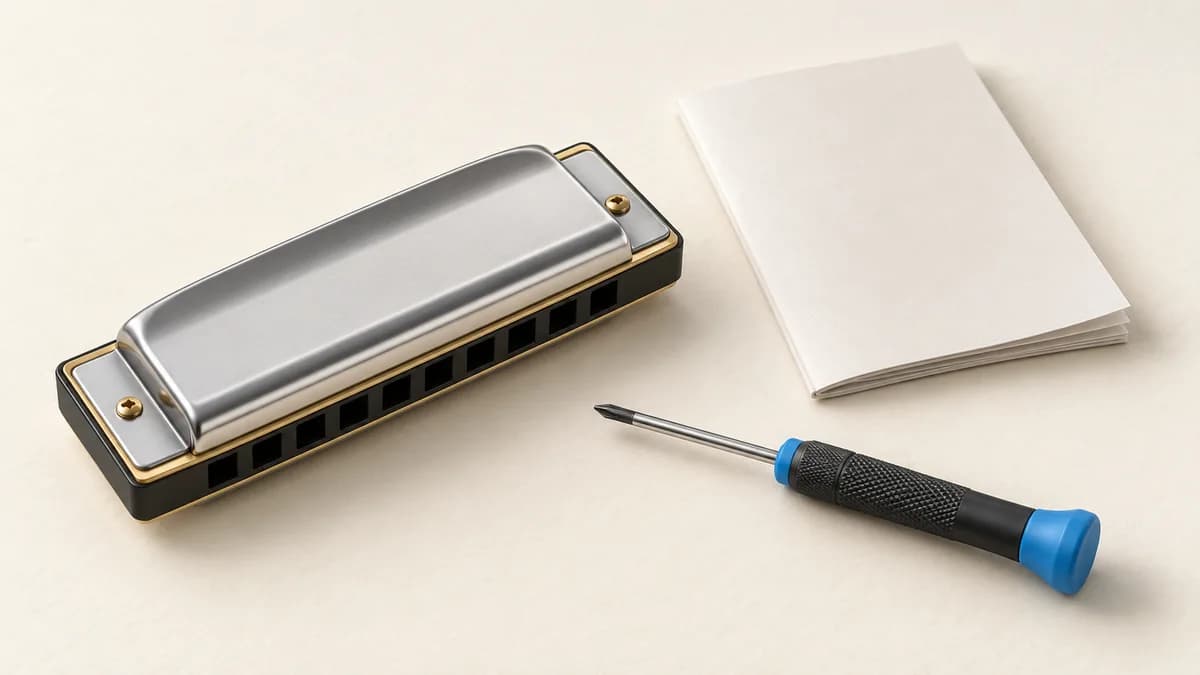Illustration of closed harmonica beside a booklet and screwdriver