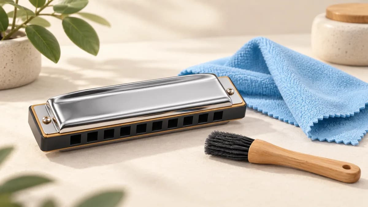 Illustration of harmonica beside a dry cloth and soft brush