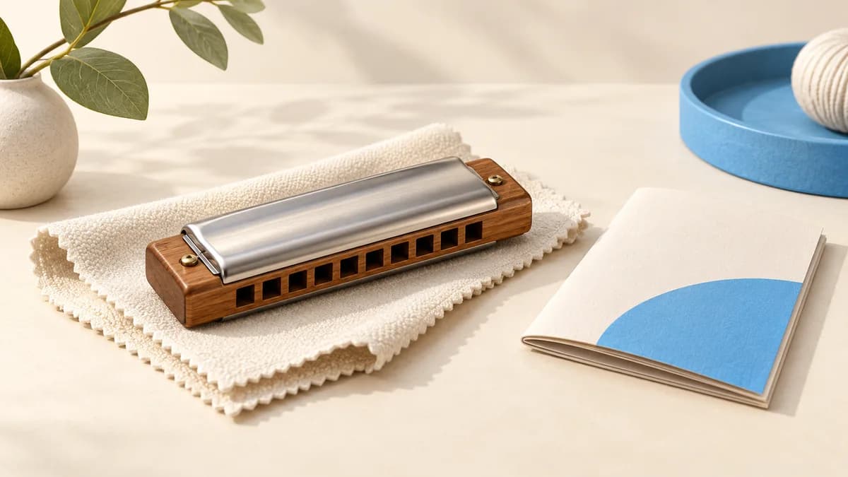 Illustration of wood-comb harmonica on a dry cloth beside a booklet