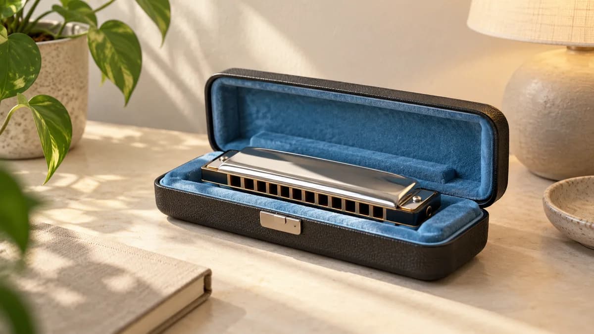 Illustration of harmonica resting in an open protective case