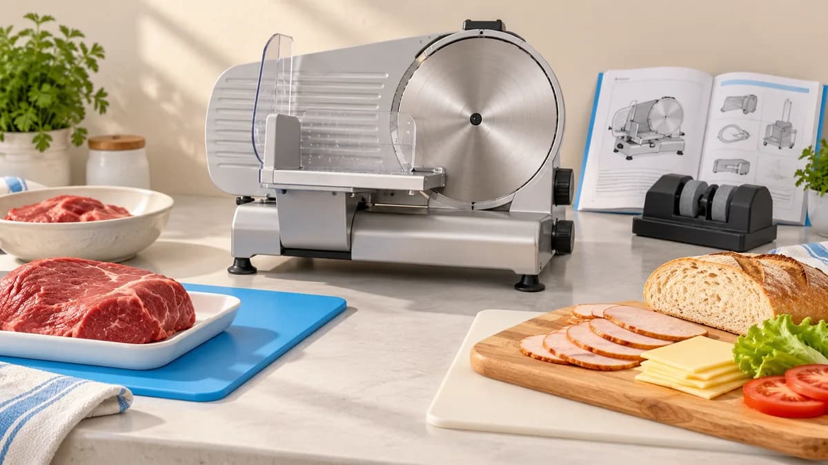 Illustration: A meat slicer with separate preparation areas for different foods.