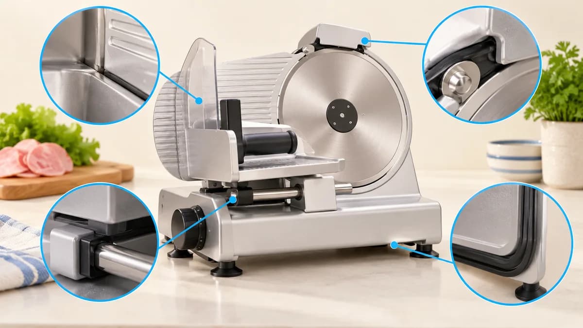 Illustration: A slicer with magnified views of parts to inspect.